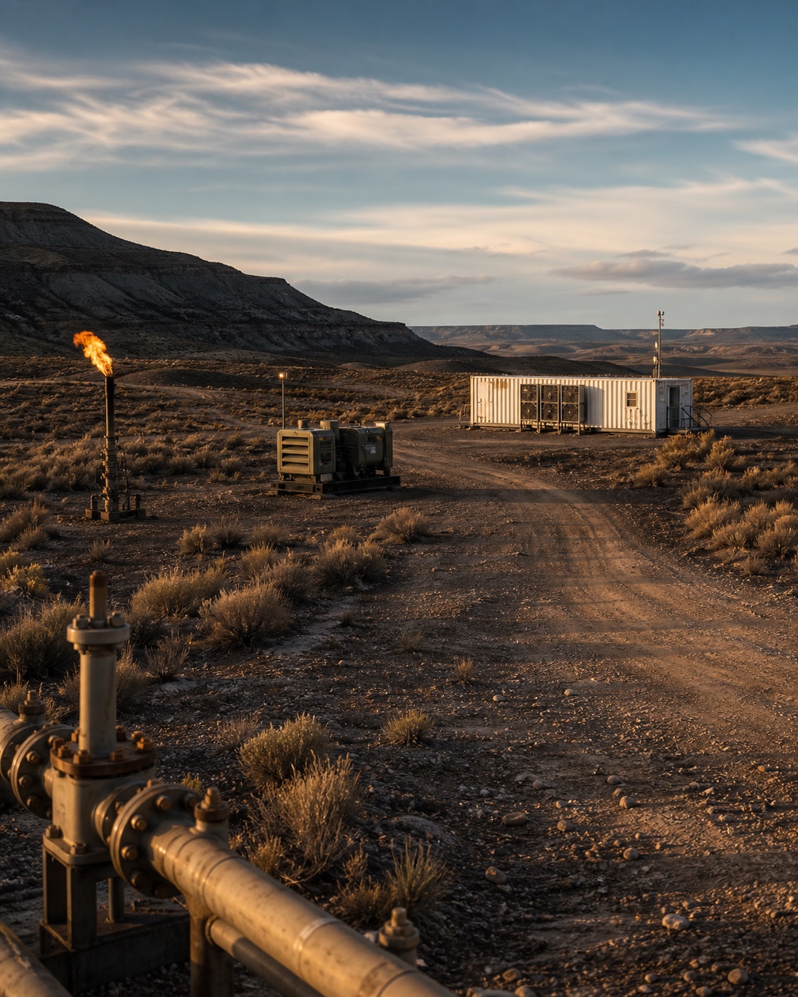 Remote Patagonian gas field with flare, generator skid, and modular container